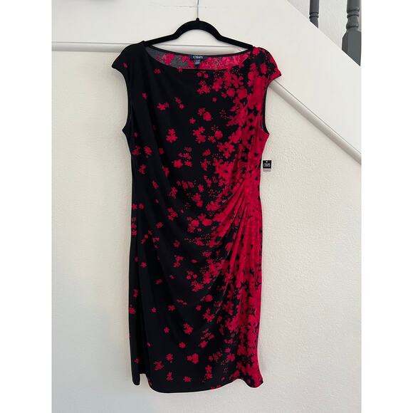 Chaps Black Red Floral Boat Neck Sheath Cocktail Mini Dress Womens Size XL - Picture 1 of 14